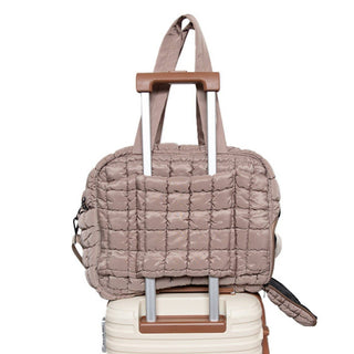 Tan Quilted Duffel Weekender Bag w/ Pass-Thru Slip