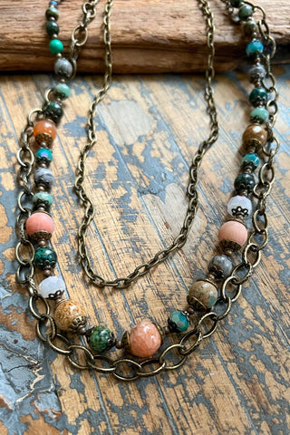 Carter Necklace - 3-Layer Bronze Chain Beaded