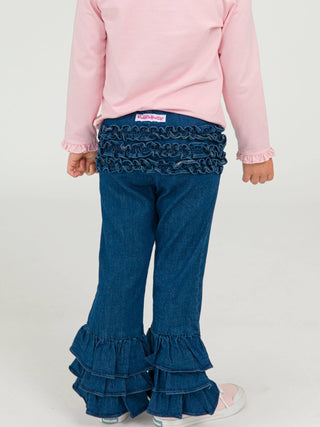 Medium Wash Denim Ruffle Flare Pants with Signature Rear Ruffles
