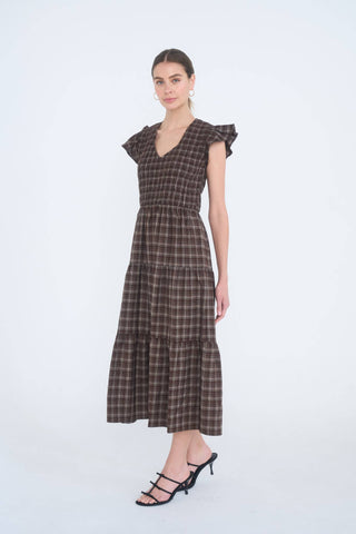 Plaid V-Neck Smocked Tiered Midi Dress