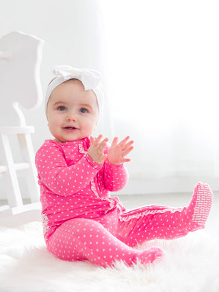 Hot Pink Heart Polka Dot Footed Ruffle One Piece Pajama