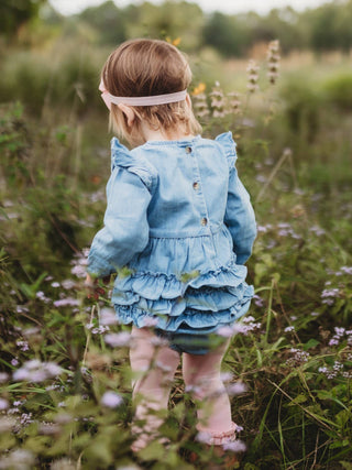 Light Wash Denim Long Sleeve Flutter Bubble Romper