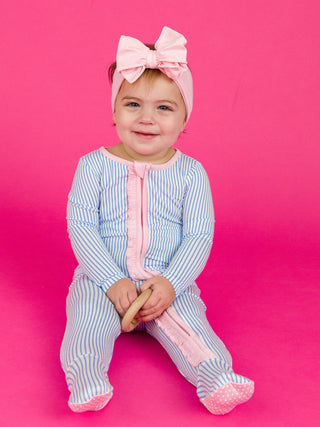 Periwinkle Blue & White Micro Stripe Footed Ruffle One Piece Pajama
