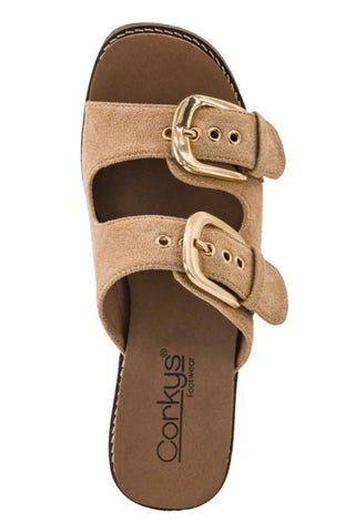 A single cork slide sandal with two wide tan straps and gold-tone buckles, shown from a top-down view on a white background.