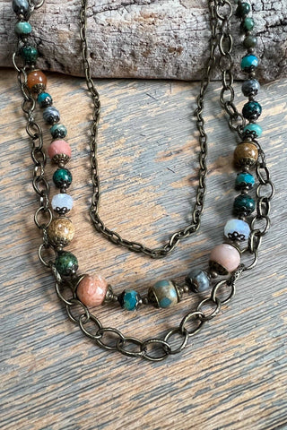 Carter Necklace - 3-Layer Bronze Chain Beaded