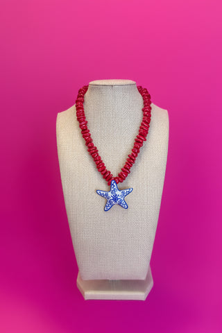 Summer Pendant Necklace - Star Fish - Blue and Red
