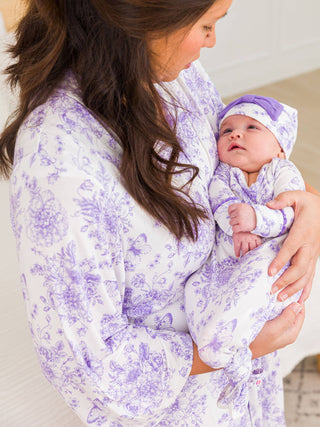 Wisteria Purple Butterfly Garden Toile Knotted Sleep Gown & Bow Hat Set
