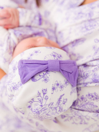 Wisteria Purple Butterfly Garden Toile Knotted Sleep Gown & Bow Hat Set