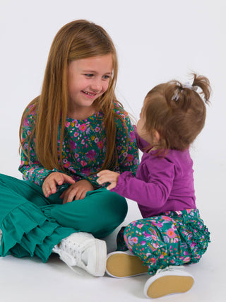 Emerald Floral Knit Long Sleeve Ruffle Sleeve Top