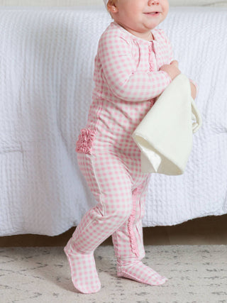 Pink Gingham Footed Ruffle One Piece Pajama