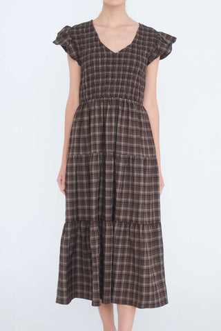 Plaid V-Neck Smocked Tiered Midi Dress