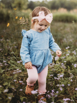 Light Wash Denim Long Sleeve Flutter Bubble Romper