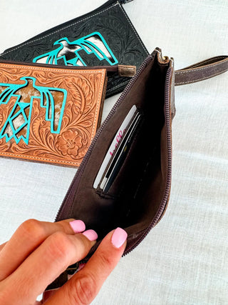 Turquoise Thunderbird Cowhide Wristlet
