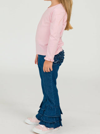Medium Wash Denim Ruffle Flare Pants with Signature Rear Ruffles
