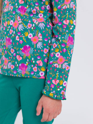 Emerald Floral Knit Long Sleeve Ruffle Sleeve Top
