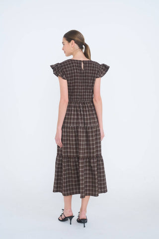 Plaid V-Neck Smocked Tiered Midi Dress