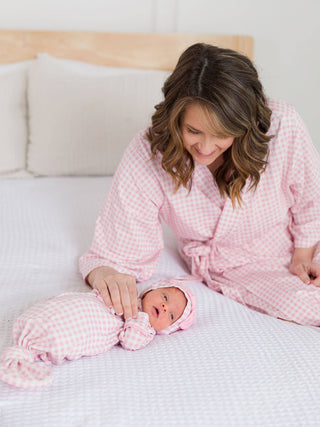 Pink Gingham Ruffle Knotted Sleep Gown & Bow Hat Set