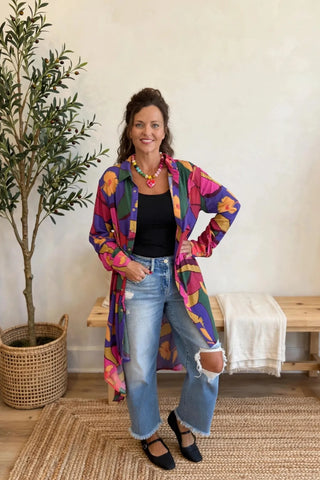 Easel Geo Floral Duster Shirt Dress