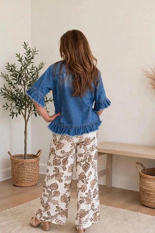 floral wide leg pants with denim jacket back view