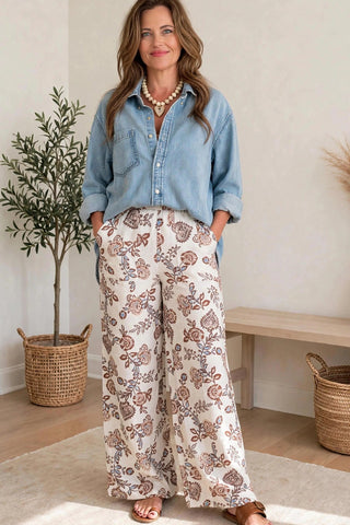 Floral wide leg pants with chambray denim shirt - casual outfit.