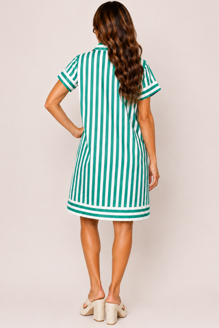 woman wearing green white striped dress back 