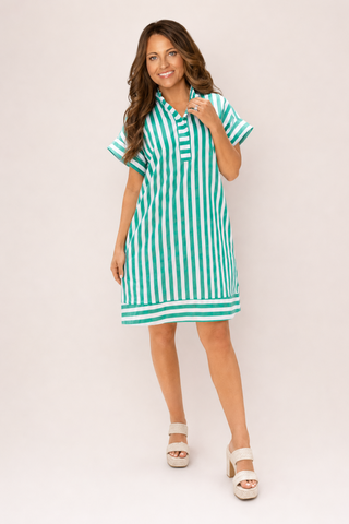 woman wearing green and white striped dress front