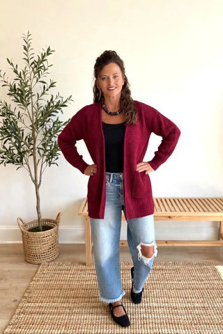 Plus Relaxed Waffle Knit Open Front Cardigan – Cabernet