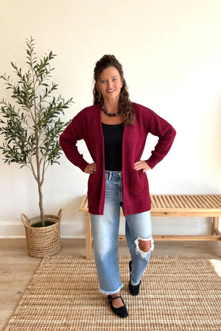 Relaxed Waffle Knit Open Front Cardigan – Cabernet
