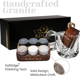 Set of handcrafted granite polishes with a glass container and wooden applicator, branded 'ROCKS'.