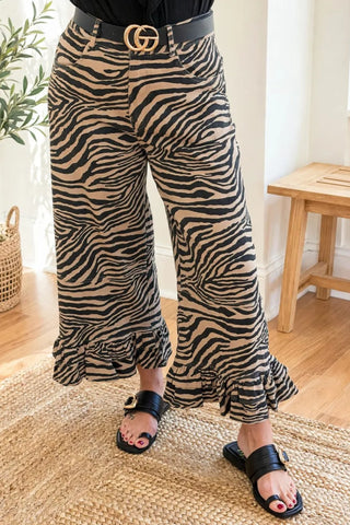 Zebra Print Ruffle Wide-Leg Pants